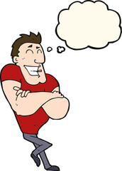 cartoon muscle guy with thought bubble