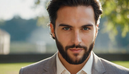 Young Elegant Man with Beard and Slicked-Back Hair - Confident Blue-Eyed Portrait