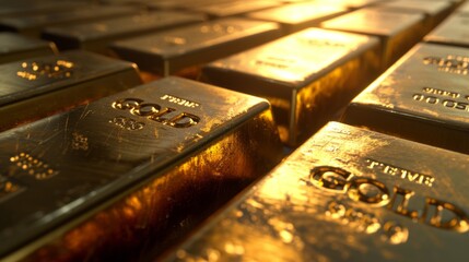 Close-Up of Shiny Gold Bars Arranged in a Row, Symbolizing Business, Future, and Financial Concepts