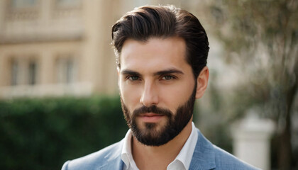 Elegant Young Brunette Man in Blue Suit: Confident Portrait with Beard and Slicked-Back Hair