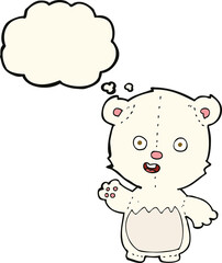 cartoon waving polar bear cub with thought bubble