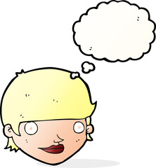 cartoon happy female face with thought bubble