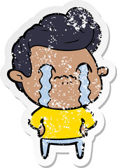 distressed sticker of a cartoon man crying