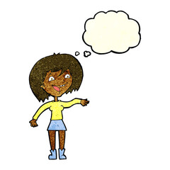 cartoon waving woman with thought bubble