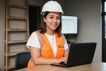 A professional female safety instructor in an office wearing a safety helmet and vest, embodying a corporate environment's commitment to workplace safety and professionalism.