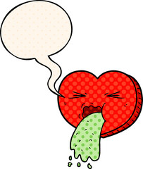 cartoon love sick heart and speech bubble in comic book style