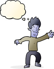 cartoon happy vampire man with thought bubble