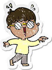 distressed sticker of a cartoon boy wearing spectacles