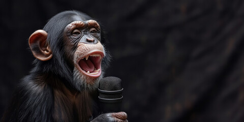 Cute monkey is singing song in microphone on concert at the stage. Banner with monkey musician on black background with copy space - obrazy, fototapety, plakaty