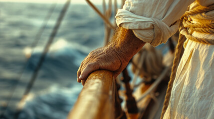 the old pirate's hand rests on the ship's rail