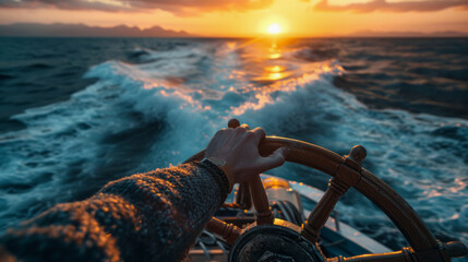 Rudder of a Ship: Hand firmly holding the rudder of a ship and turning it, indicating a new direction. - obrazy, fototapety, plakaty