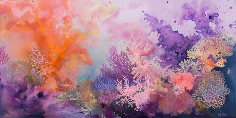 Fototapeta na wymiar Coral garden dreams, with soft, organic shapes in pinks, oranges, and purples, abstracting the underwater beauty of coral reefs