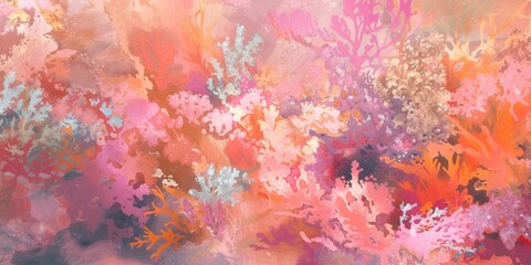 Fototapeta na wymiar Coral garden dreams, with soft, organic shapes in pinks, oranges, and purples, abstracting the underwater beauty of coral reefs