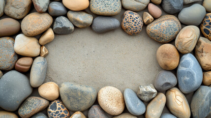 Fototapeta na wymiar Assorted stones encircling a blank concrete ground centre creating natural frame for text. 