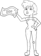 black and white cartoon confident farmer woman with money