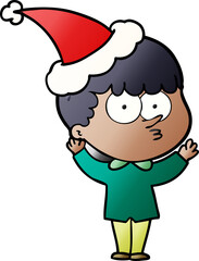 gradient cartoon of a curious boy wearing santa hat