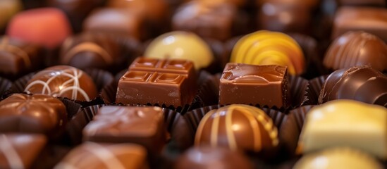 Close-up picture of chocolates on a reflective backdrop.