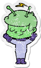 distressed sticker of a friendly cartoon spaceman