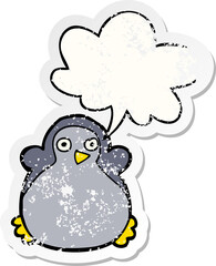 cartoon penguin and speech bubble distressed sticker