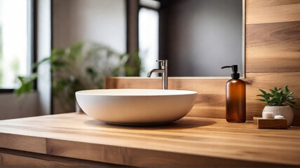 Fototapeta na wymiar Oval ceramic vessel sink on wooden countertop in the modern cozy bathroom