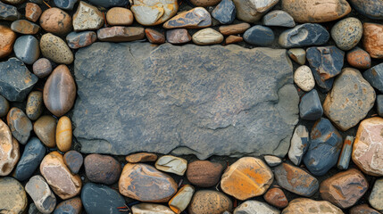 Assorted stones encircling a blank centre stone creating natural frame for text. 