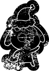 cartoon distressed icon of a bored dog wearing santa hat