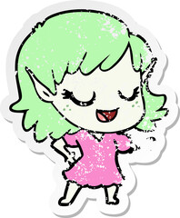 distressed sticker of a happy cartoon elf girl