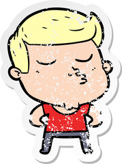 distressed sticker of a cartoon model guy pouting