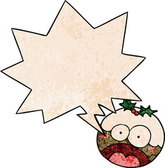 cartoon christmas pudding and shocked face and speech bubble in retro texture style
