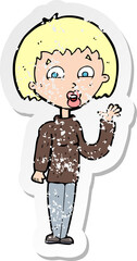 retro distressed sticker of a cartoon woman waving
