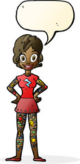 cartoon woman with heavy tattoos with speech bubble