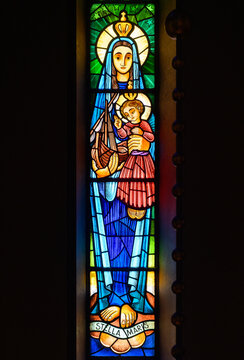 Stella Maris [Star of the Sea], a title of the Virgin Mary. A stained-glass window in Igreja de Nossa Senhora de F&aacute;tima, Lisbon.