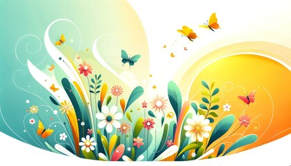 Fototapeta na wymiar Vibrant Spring Landscape Illustration, Seasonal Concept