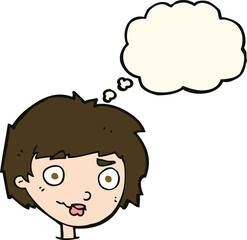 cartoon confused woman with thought bubble