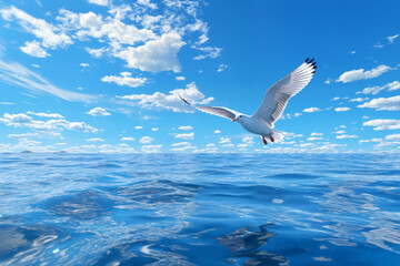 A white seagull flies over the water against a bright blue sky with white clouds