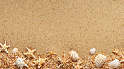 Fototapeta na wymiar Sandy background with starfish and shells at the bottom edge.