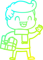 cold gradient line drawing cartoon laughing man holding gift