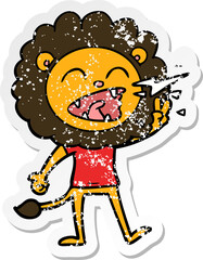 distressed sticker of a cartoon roaring lion