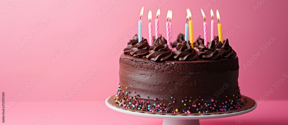 Canvas Prints Delicious chocolate cake adorned with candles against a pink backdrop.