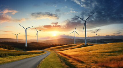 Obraz premium Sustainable Energy Landscape with Wind Turbines at Sunset