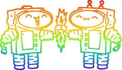 rainbow gradient line drawing cartoon robots connecting