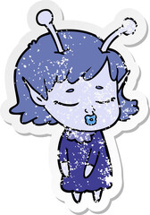 distressed sticker of a cute alien girl cartoon
