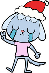 cute line drawing of a dog crying wearing santa hat