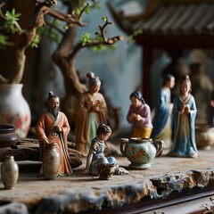 Elegant Ceramic Figurines Displayed in a Traditional Asian Setting with Bonsai Tree and Artistic Backdrop