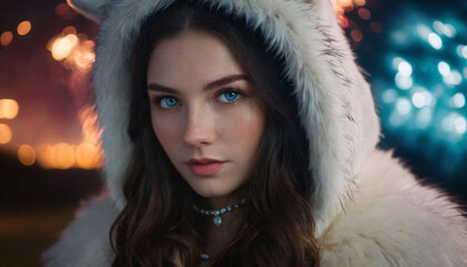Polar Faerie Woman: Shy Smile, Icy Blue Eyes, White Fur Coat, Fireworks Night, Freckles, Camera - Elegant Fantasy Scene with Dark Firework Sky and Detailed Jewelry.