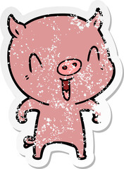 distressed sticker of a happy cartoon pig