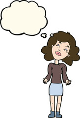 cartoon woman shrugging shoulders with thought bubble