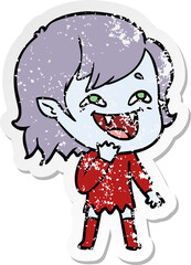 distressed sticker of a cartoon laughing vampire girl