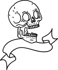 black linework tattoo with banner of a skull
