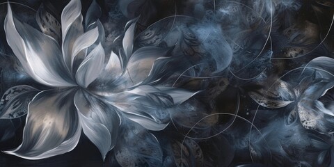 Moonlit petal dance, with soft, glowing whites and silvers on a dark background